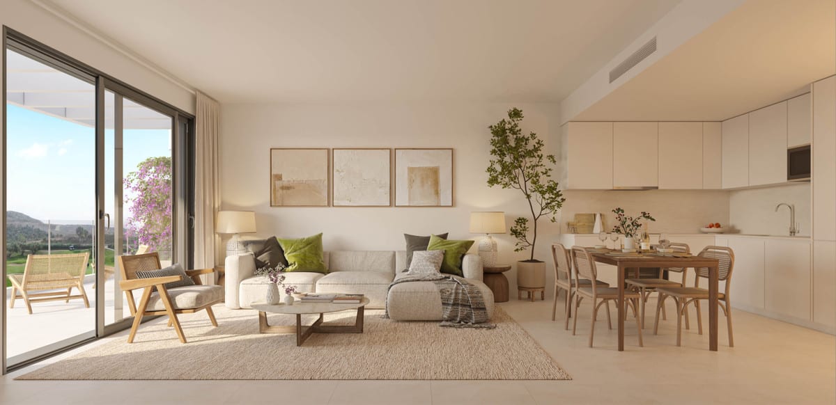 Rendered project visualisation of BAHIA with a bright open-plan living room, sofa, armchairs, dining table, light-coloured kitchen cabinets and wide sliding doors leading to a terrace.