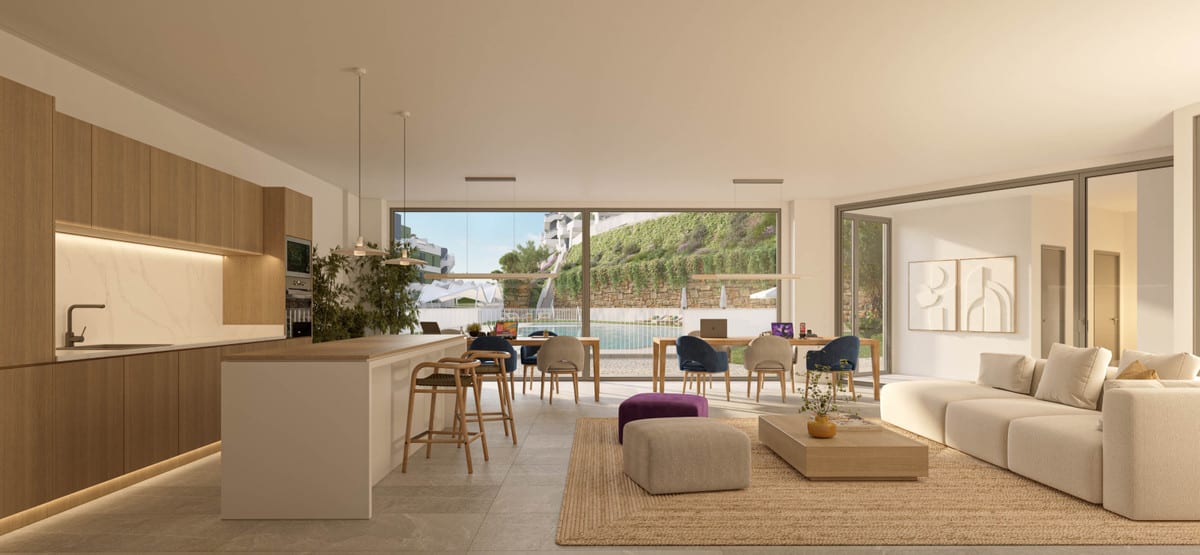 Rendered project visualisation of BAHIA with an open kitchen featuring wooden cabinets and a kitchen island, a dining table, a seating area with sofa and large sliding doors overlooking the swimming pool and landscaped slope.