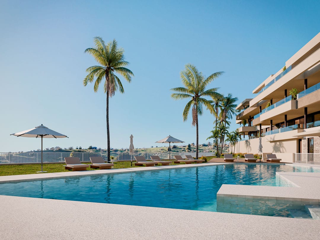 Project visualisation of BALANCE featuring an outdoor swimming pool, sun loungers, parasols, palm trees and balconies on the adjoining building.