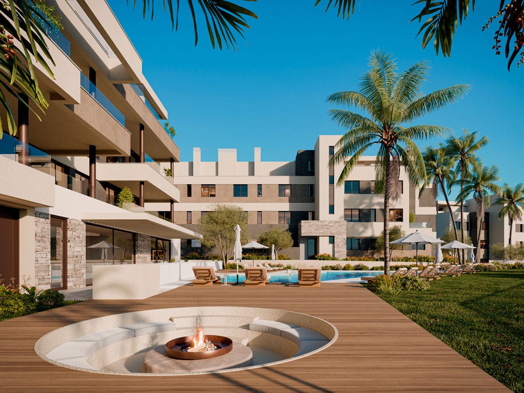 Project visualisation of BALANCE with a wooden terrace, sunken circular seating area with fire pit, swimming pool, palm trees and buildings with balconies in the background.
