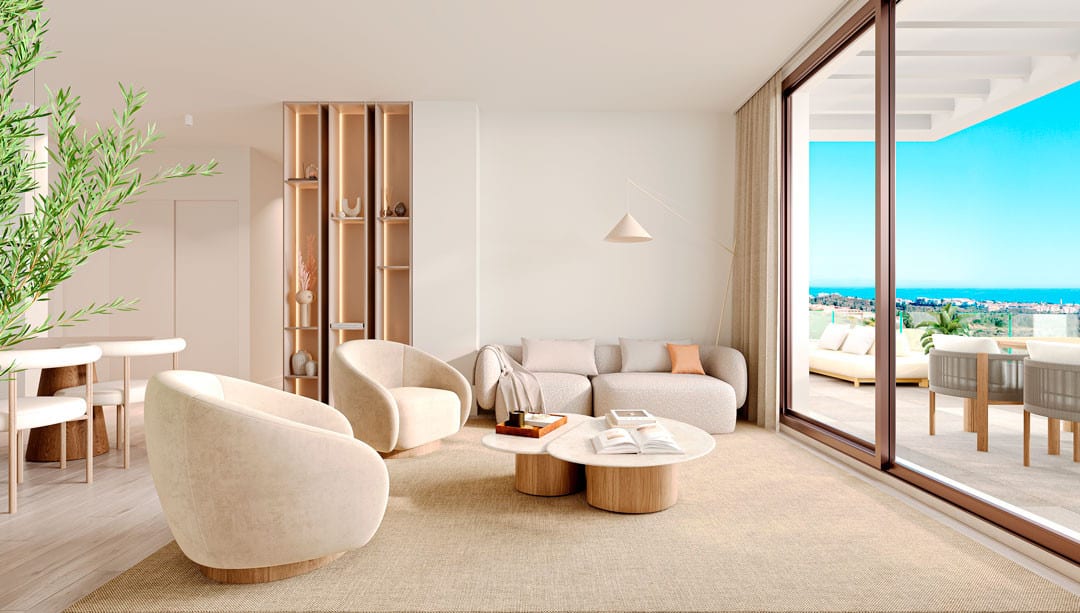 Project visualisation of BALANCE with a bright living room, round armchairs, sofa, wooden coffee tables and a terrace visible through sliding glass doors.