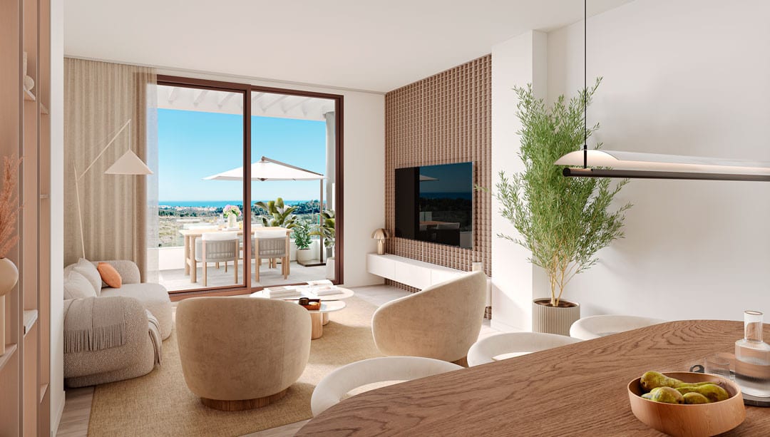 Project visualisation of BALANCE with a dining area, wooden table, living room with a television on a tiled panel, beige armchairs and a terrace with a dining table behind sliding glass doors.