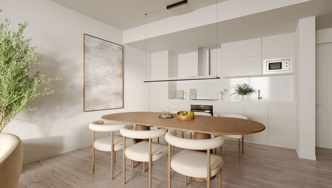 Project visualisation of BALANCE with a white kitchen, oval wooden dining table, upholstered round chairs, linear pendant light and built-in oven and microwave.