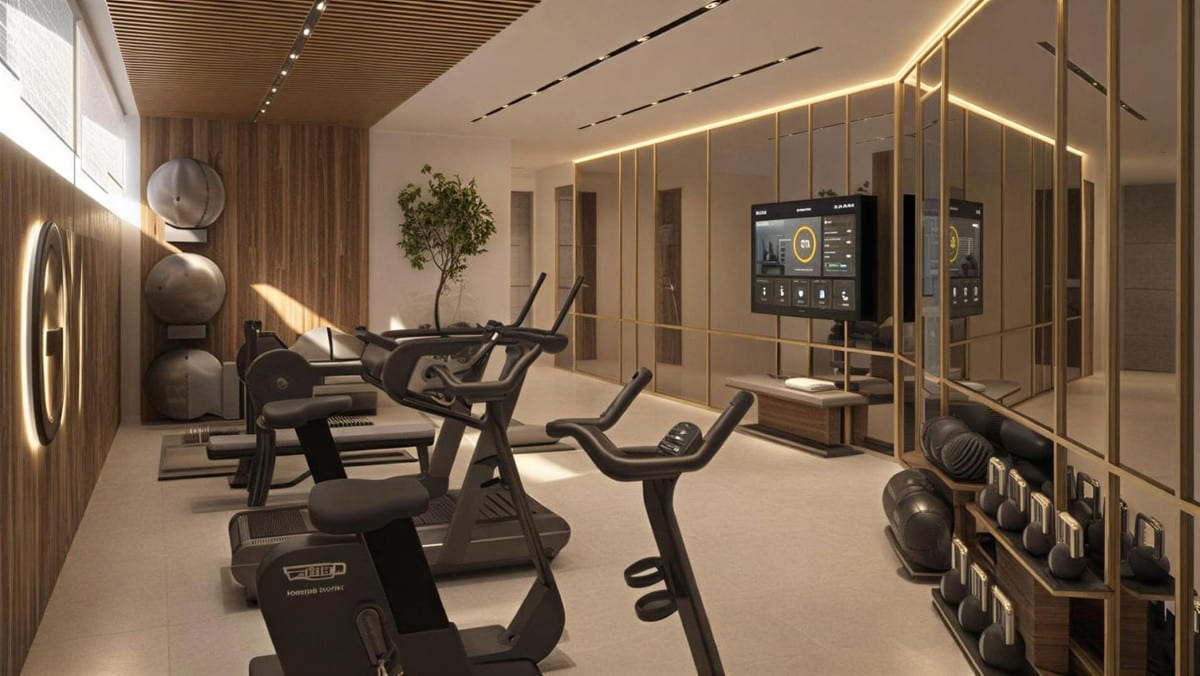Interior project visualisation of BALI VILLAS with cardio equipment, kettlebells, medicine balls, a gold-coloured mirrored frame, wall-mounted screen and wooden ceiling slats.