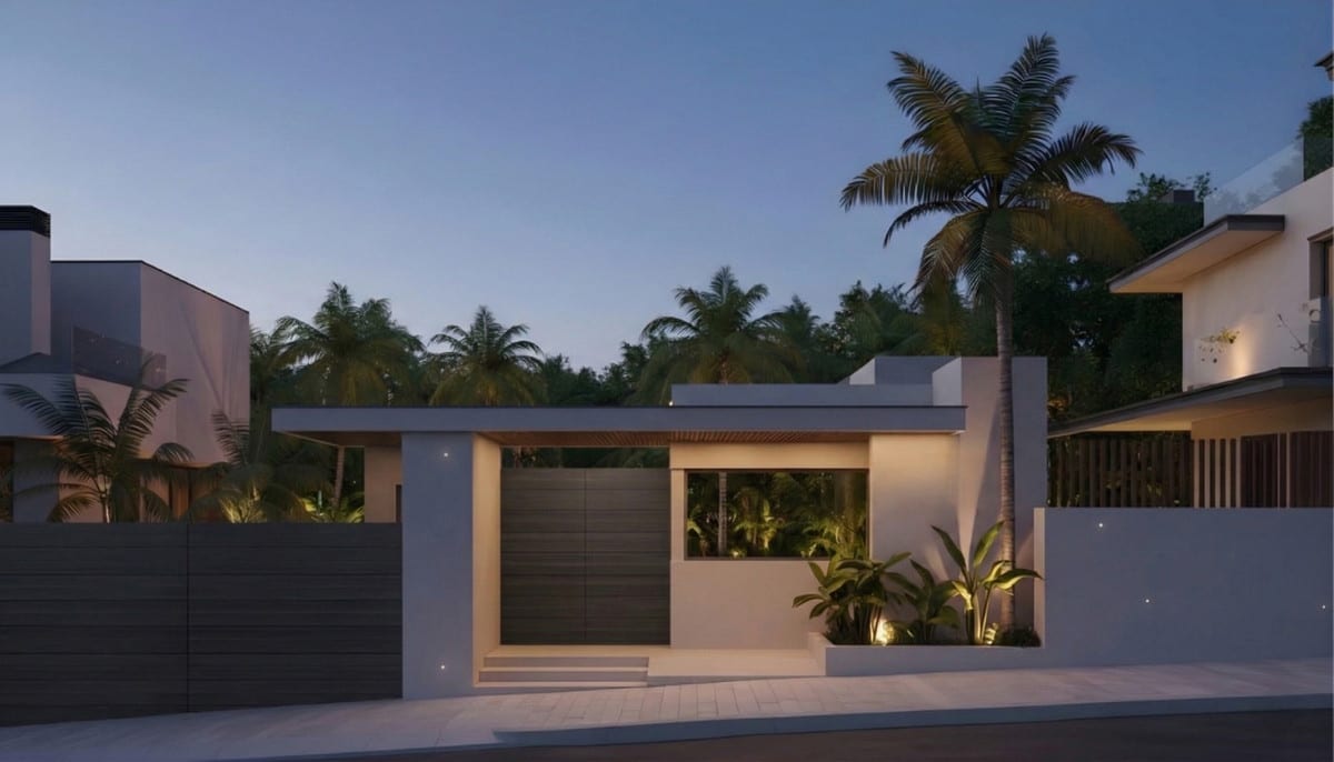 Evening project visualisation of the entrance to BALI VILLAS with a dark slatted gate, white walls, steps, tropical planting and a palm tree.