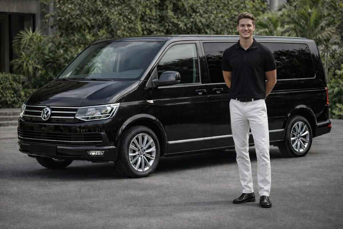 Man in a black polo shirt and white trousers standing in front of a black Volkswagen Transporter, associated with BALI VILLAS.