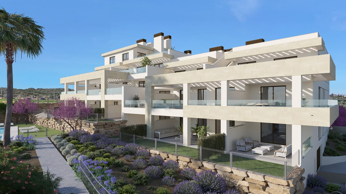Project visualisation of BAYSIDE HOMES with light-coloured façades, glass balcony balustrades, pergolas and landscaped beds with purple and pink flowering plants alongside a walkway.