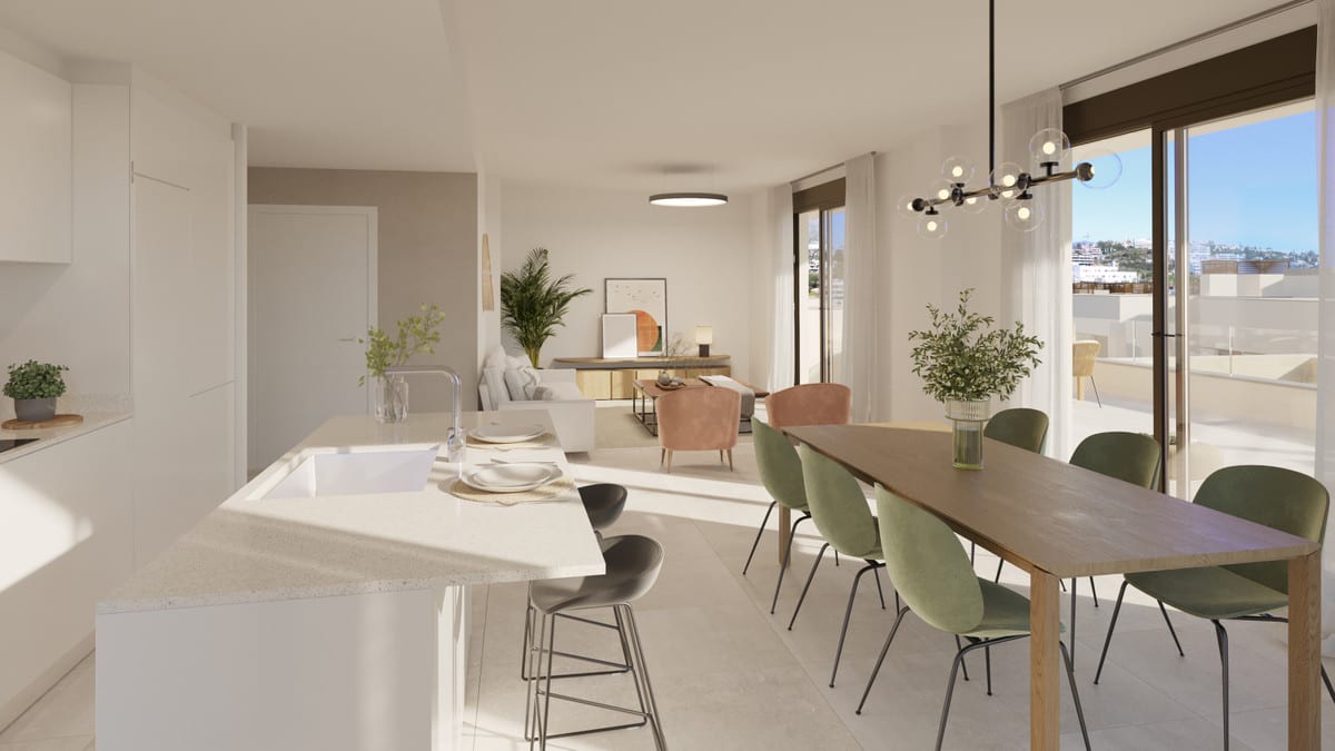 Project visualisation of BAYSIDE HOMES with a white open-plan kitchen, kitchen island with bar stools, wooden dining table with green and pink chairs, and a seating area by glass sliding doors.