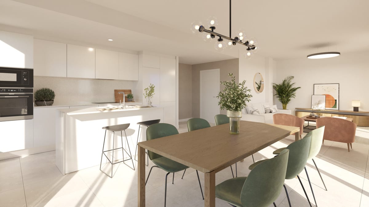 Project visualisation of BAYSIDE HOMES with a white kitchen, built-in oven, kitchen island with bar stools, wooden dining table with green and pink chairs, and a bright seating area in the background.