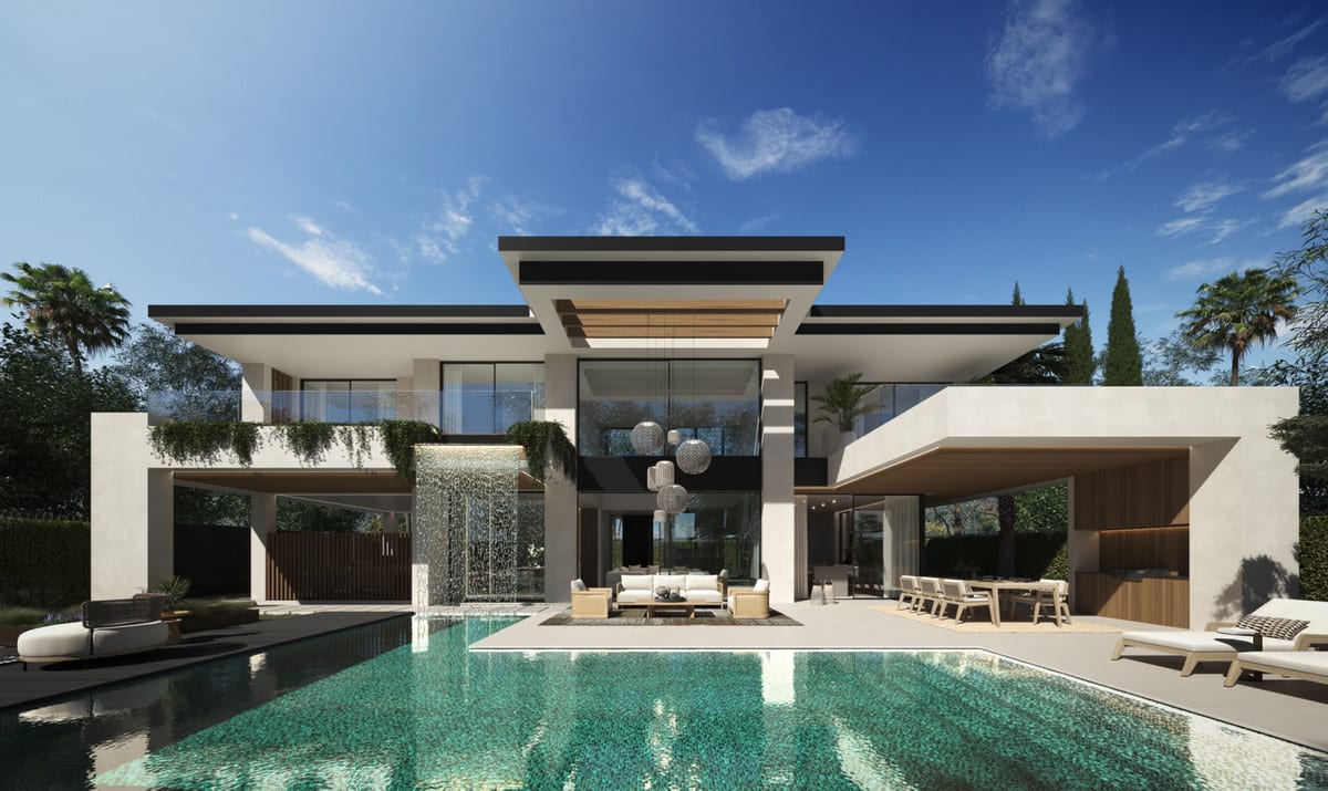 Rendering of the outdoor space at BE SEVEN, with a pool, waterfall and covered seating and dining areas.