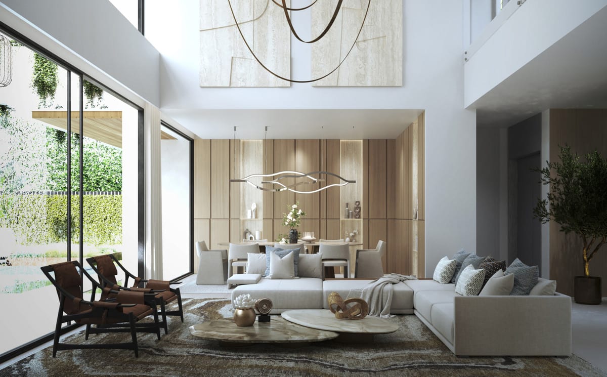 Interior rendering of BE SEVEN showing the living and dining areas beneath a double-height ceiling.