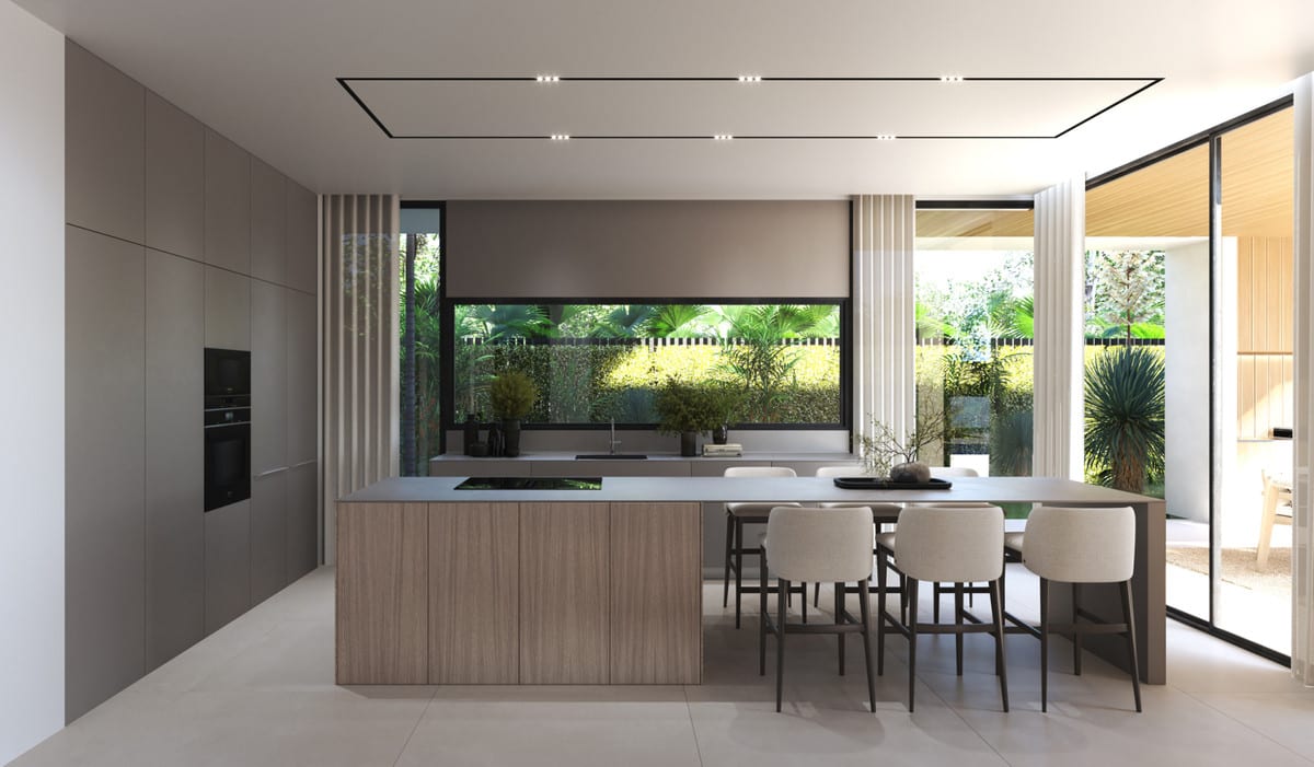 Kitchen rendering of BE SEVEN with a large island, seating and a wide window overlooking the garden.