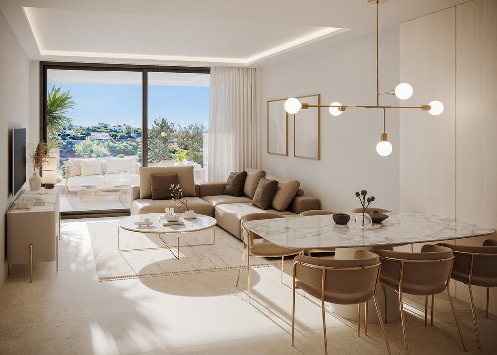Project visualisation of BELVEDERE COLLECTION featuring a taupe corner sofa, marble dining table, gold-coloured pendant light and sliding doors leading outside.
