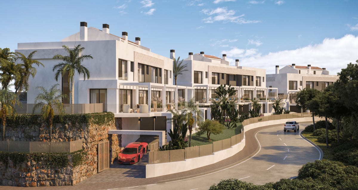 Rendered street view of terraced homes with terraces and enclosed outdoor areas along a curved road.