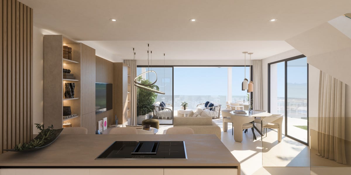 Rendered open living space combining a kitchen, dining area and seating area, with views outside.