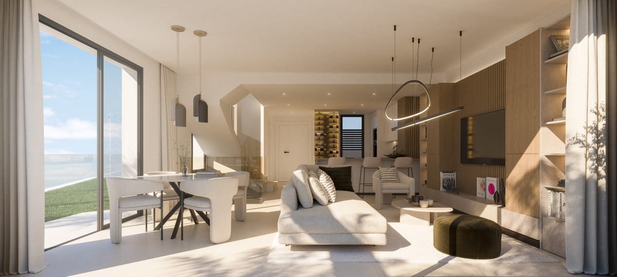 Rendered living space with a round dining table, sofa, wood-effect wall accents and an open staircase.