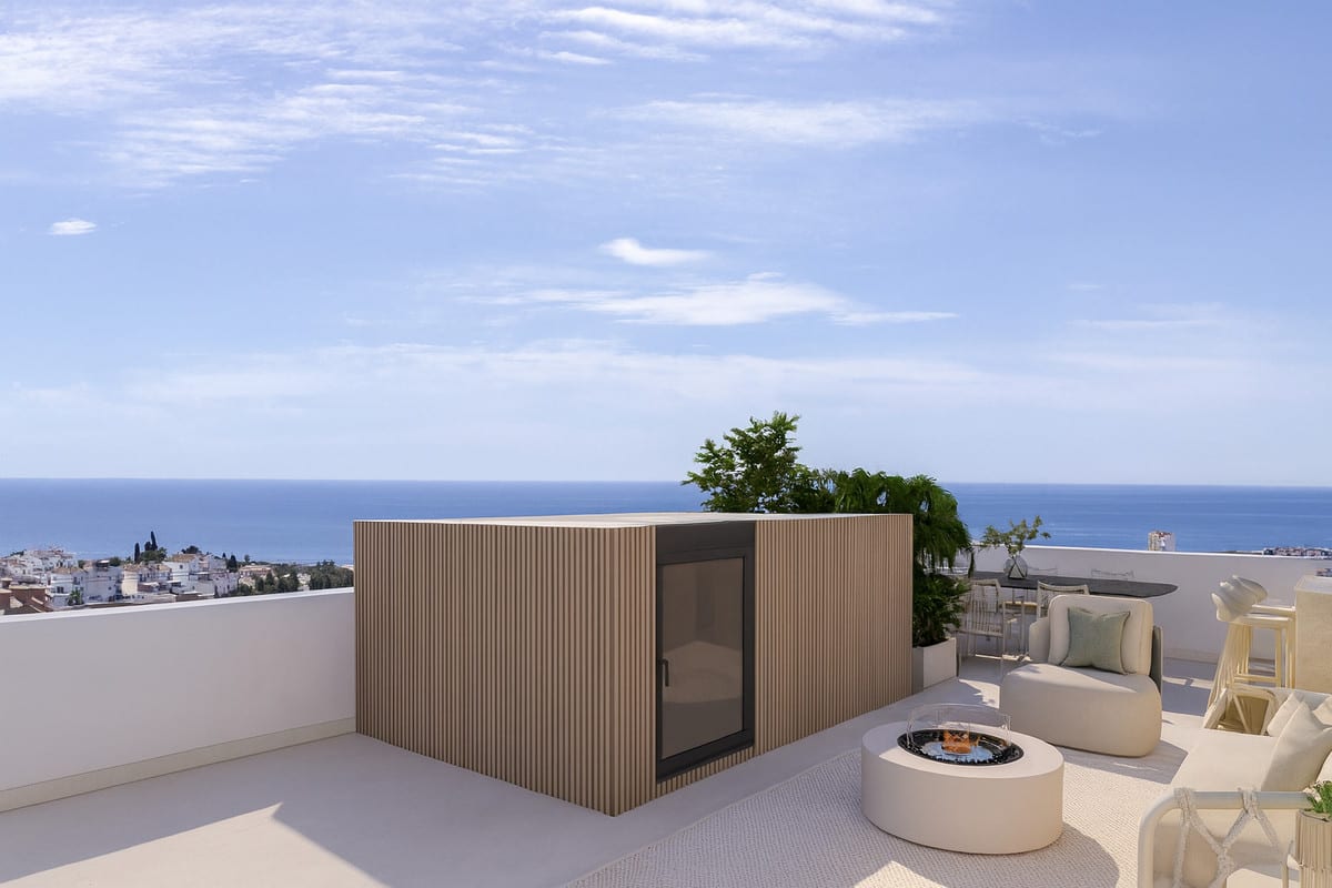 Rendered roof terrace with a slatted structure, a round fire table and lounge seating, overlooking the sea and surrounding area.