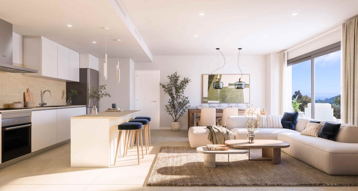 Project visualisation of BIRDIE HILLS featuring an open-plan living space: a white kitchen with an island and dark blue bar stools, a dining area with a marble-effect tabletop, a large corner sofa and large windows.