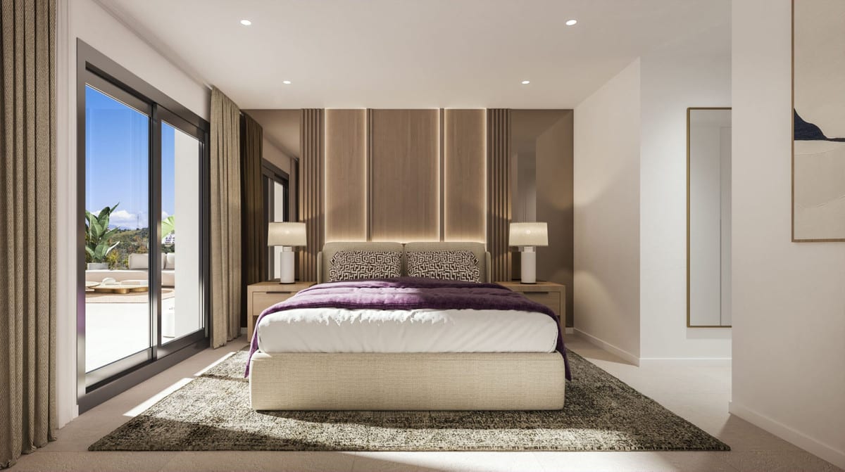 Project visualisation of BIRDIE HILLS featuring a bedroom with an upholstered bed and purple bedspread, illuminated wooden wall panels, two bedside tables with lamps and glass sliding doors to the terrace.
