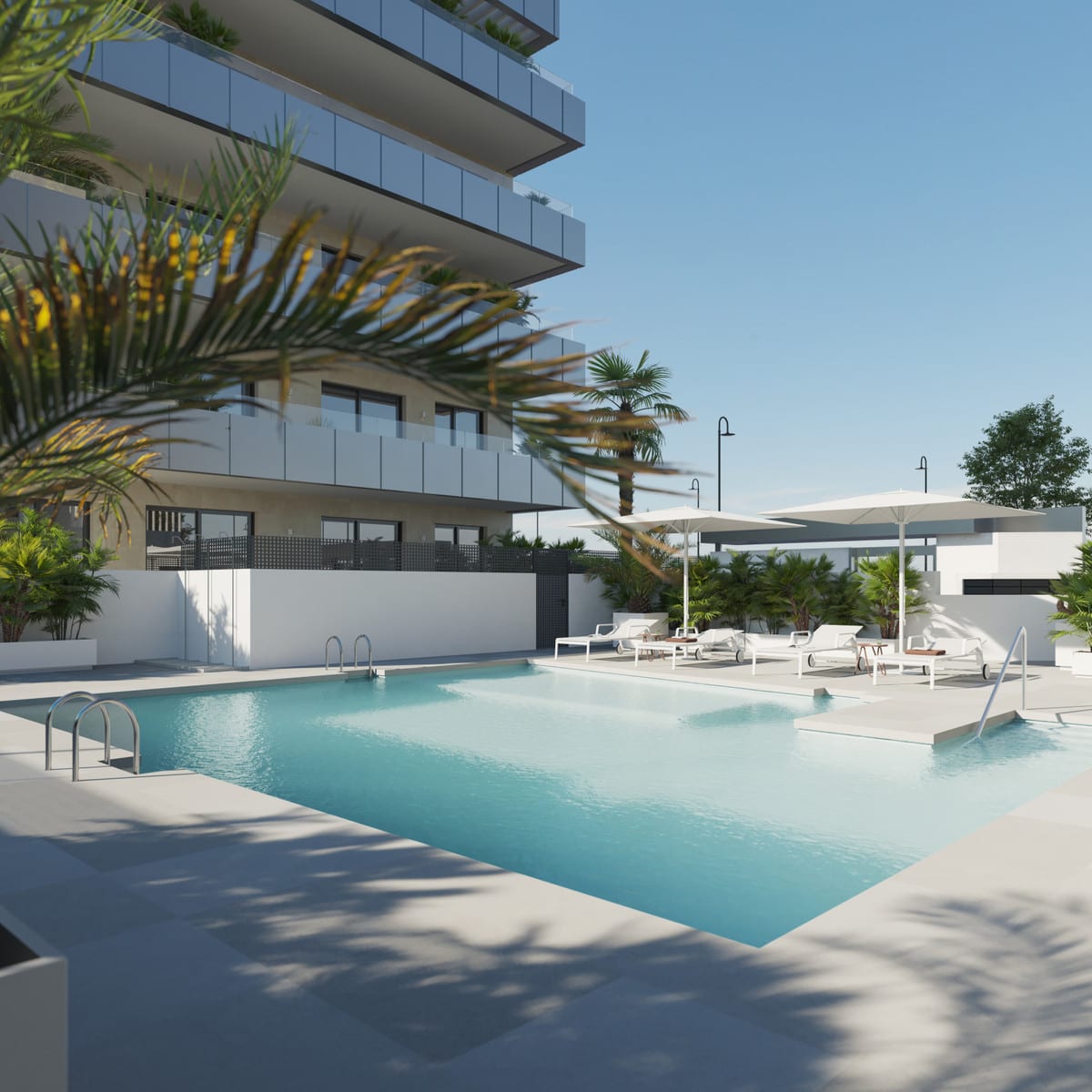 Artist's impression of BIZNAGA with a rectangular swimming pool, light concrete terrace, white sun loungers, parasols and palm trees beside the building.