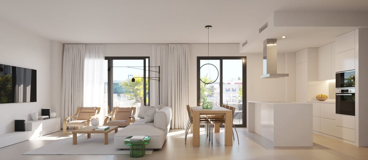 Artist's impression of BIZNAGA with an open-plan living room, wooden dining table, light-coloured sofa, white kitchen with island, and dark-framed windows and doors.