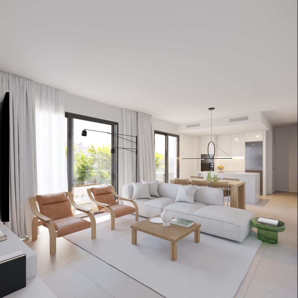 Project visualization of BIZNAGA with a light modular sofa, two cognac-colored armchairs with wooden frames, large windows and an open kitchen in the background.