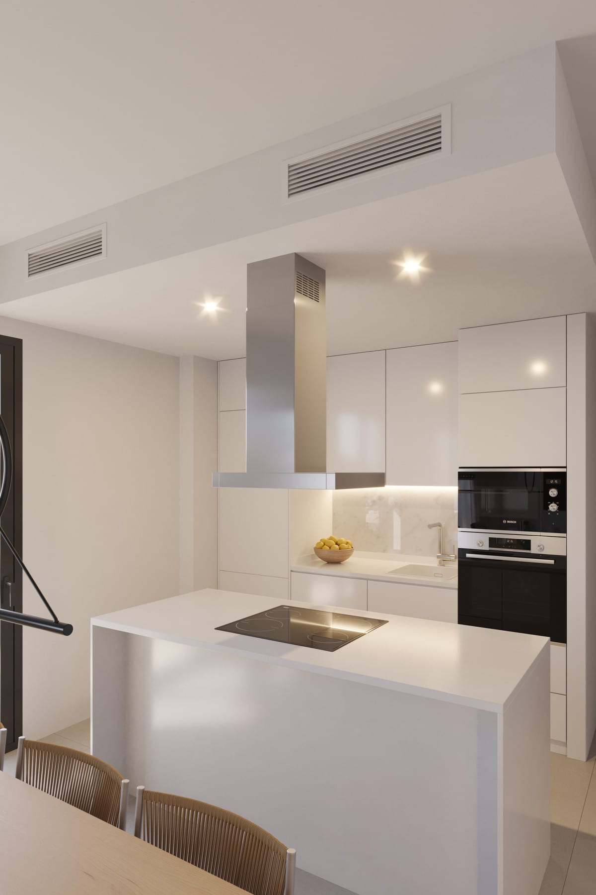 Project visualization of BIZNAGA with a white kitchen, kitchen island with black cooktop, metal extractor hood and built-in appliances.