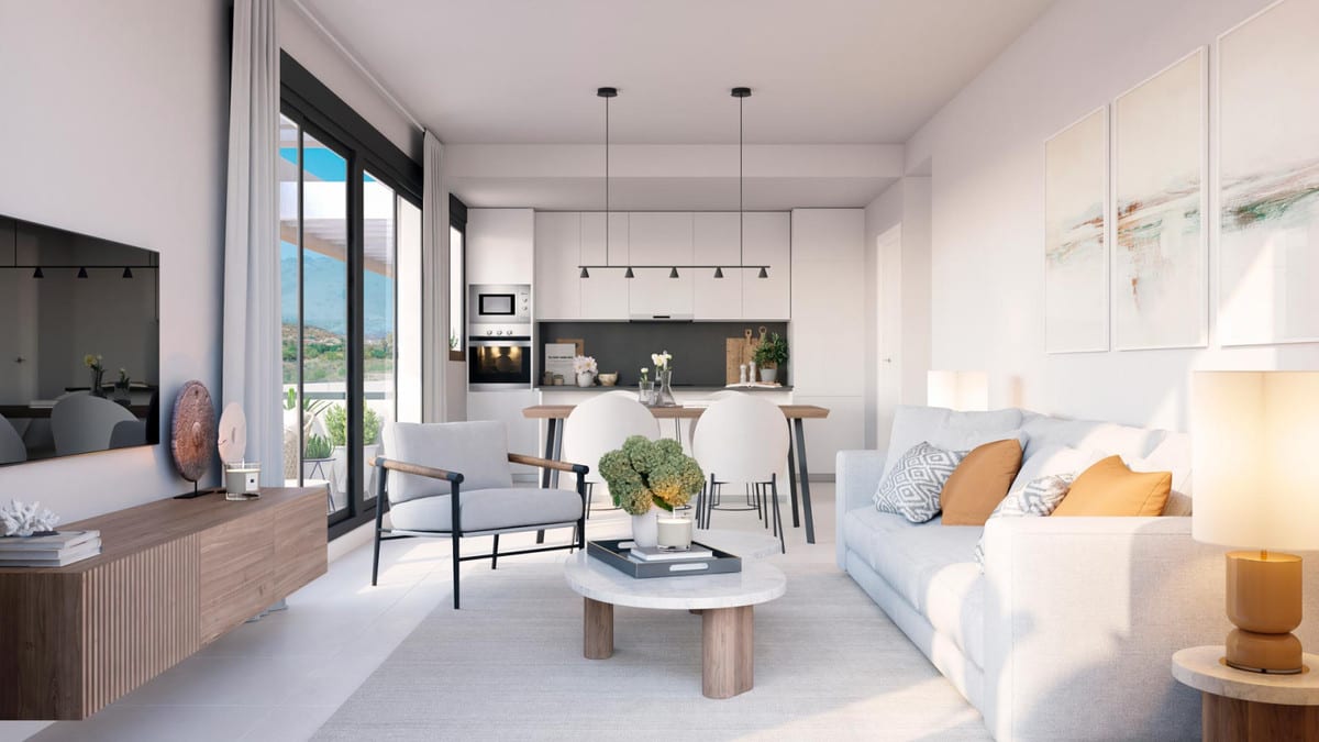 Development visualisation of BLISS HOMES featuring a bright living room, sofa, armchair, wooden TV unit, dining table and open-plan kitchen.
