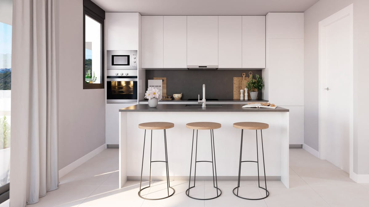 Development visualisation of BLISS HOMES featuring a white kitchen, dark worktop, kitchen island with sink and three wooden bar stools.
