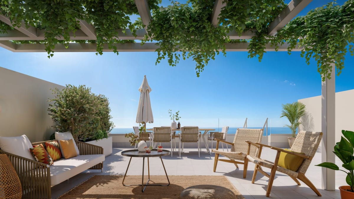 Project visualisation of the BLOSSOM HILLS terrace with a pergola, hanging plants, seating and a blue horizon.