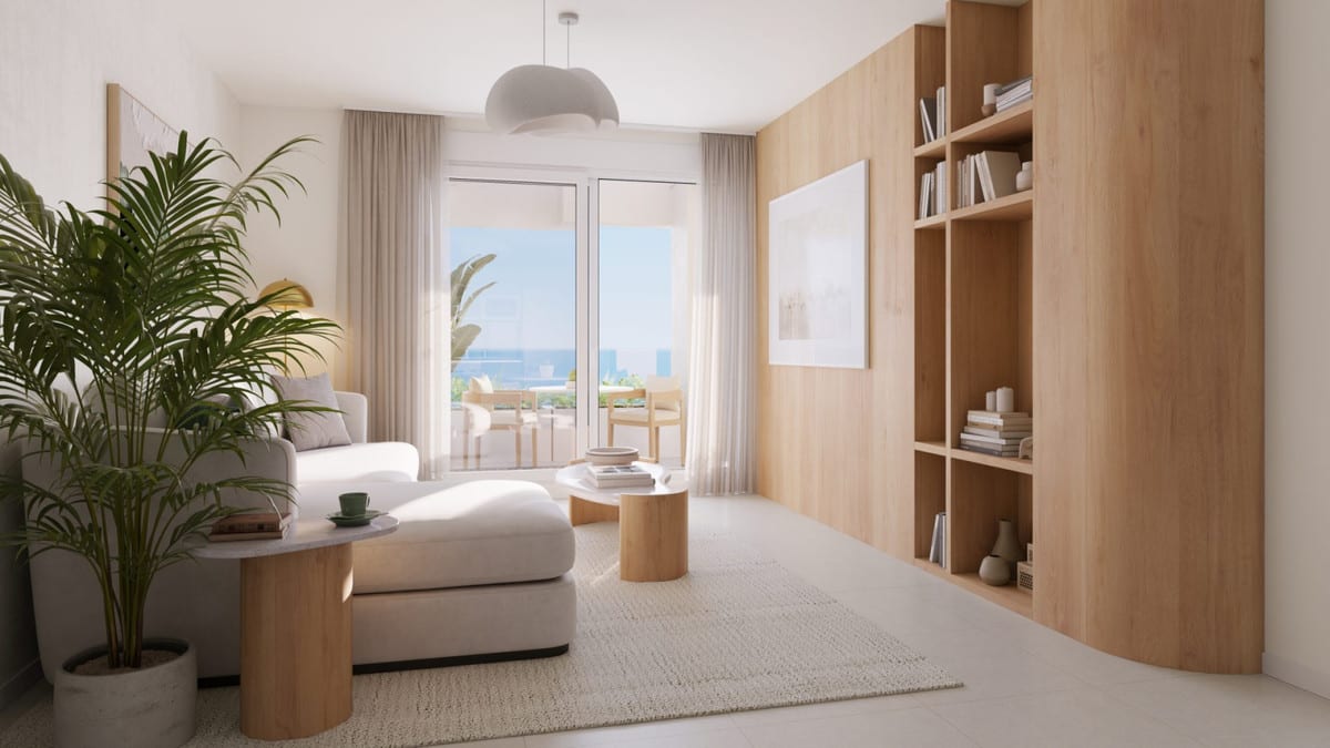 Project visualisation of the BLOSSOM HILLS living room with a light-coloured sofa, open wooden wall unit and glazed exterior door.