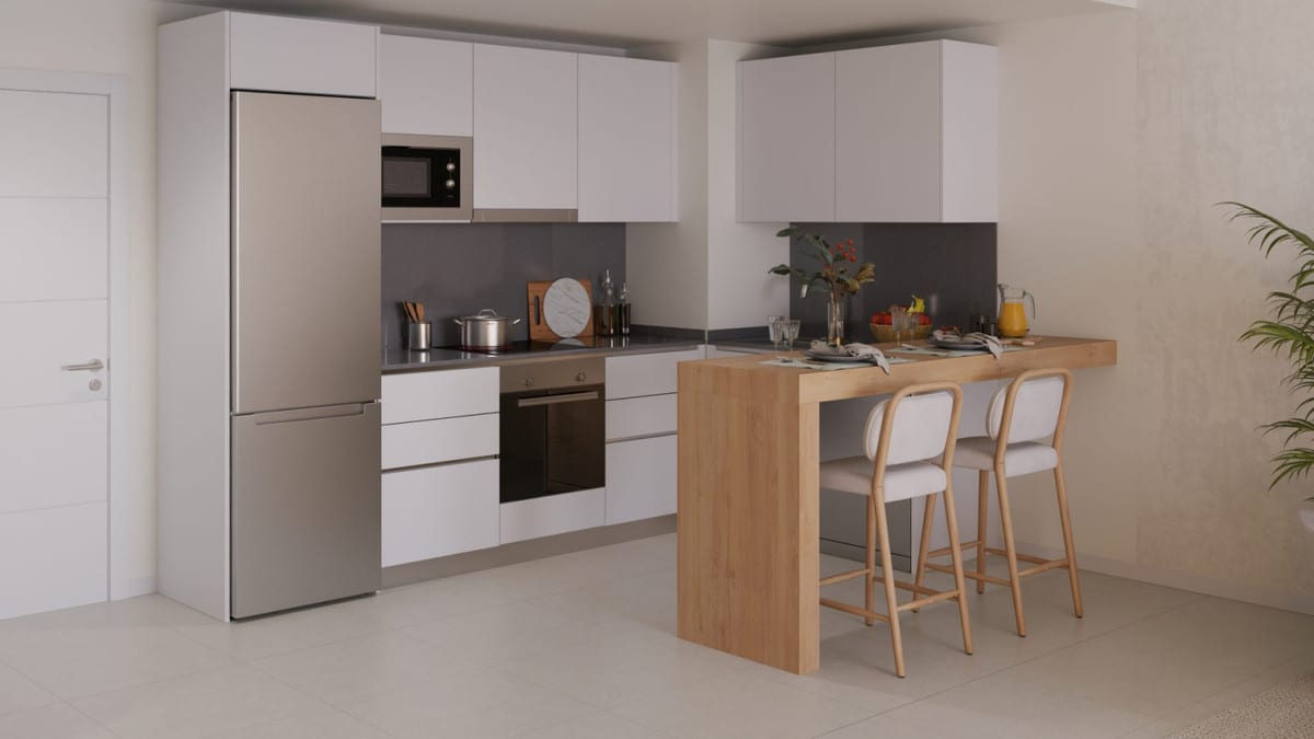 Project visualisation of the BLOSSOM HILLS kitchen with white cabinets, grey worktop, refrigerator and wooden breakfast bar.
