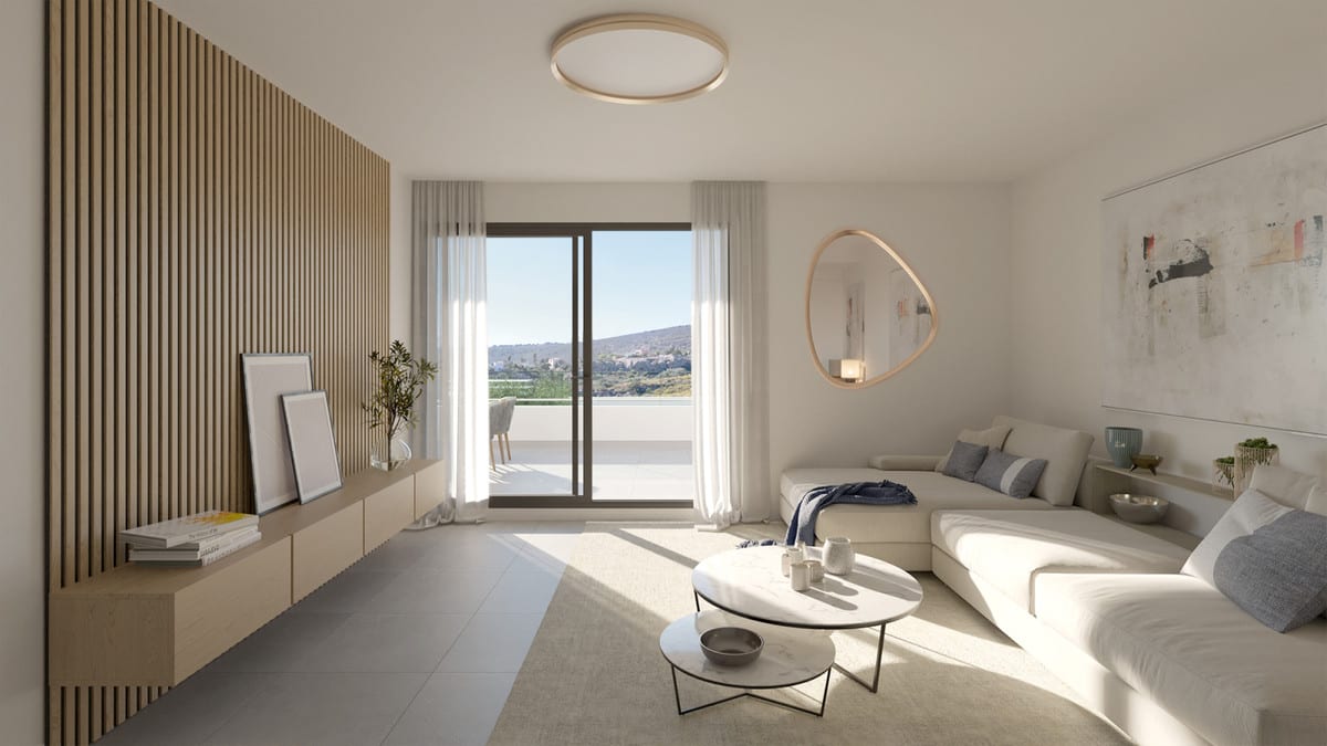 Rendered project visualisation of the living room at BLUE VIEW HEIGHTS with a light-coloured corner sofa, round coffee tables, wooden slatted feature wall and sliding doors opening onto the terrace.