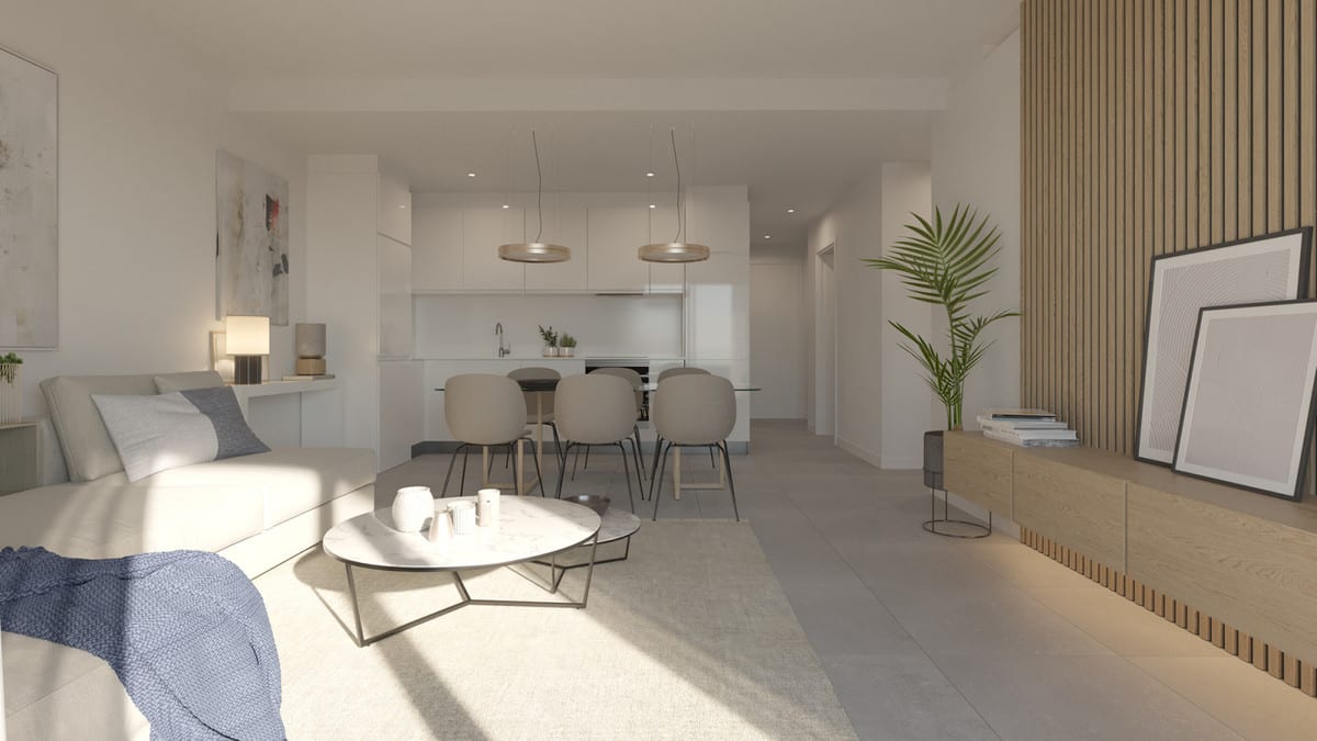 Rendered project visualisation of the open-plan living area at BLUE VIEW HEIGHTS with a seating area, round coffee table, dining area with chairs, white kitchen and wooden slatted feature wall.