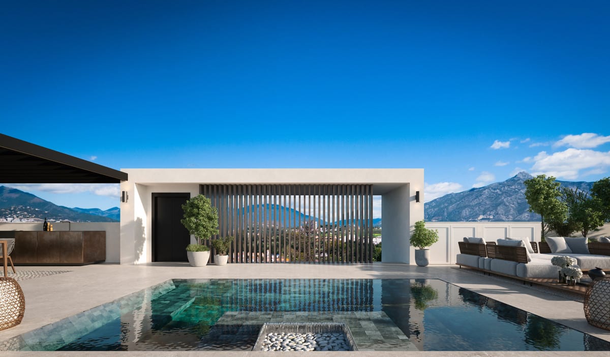 Terrace rendering of BLUME with a pool, vertical screening and mountains in the distance.
