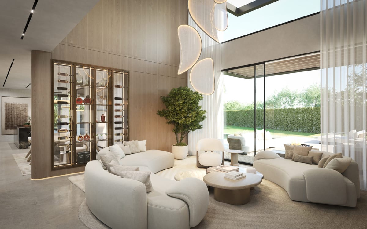 Living-room rendering of BLUME with curved seating, a display cabinet and large sliding doors to the outdoors.