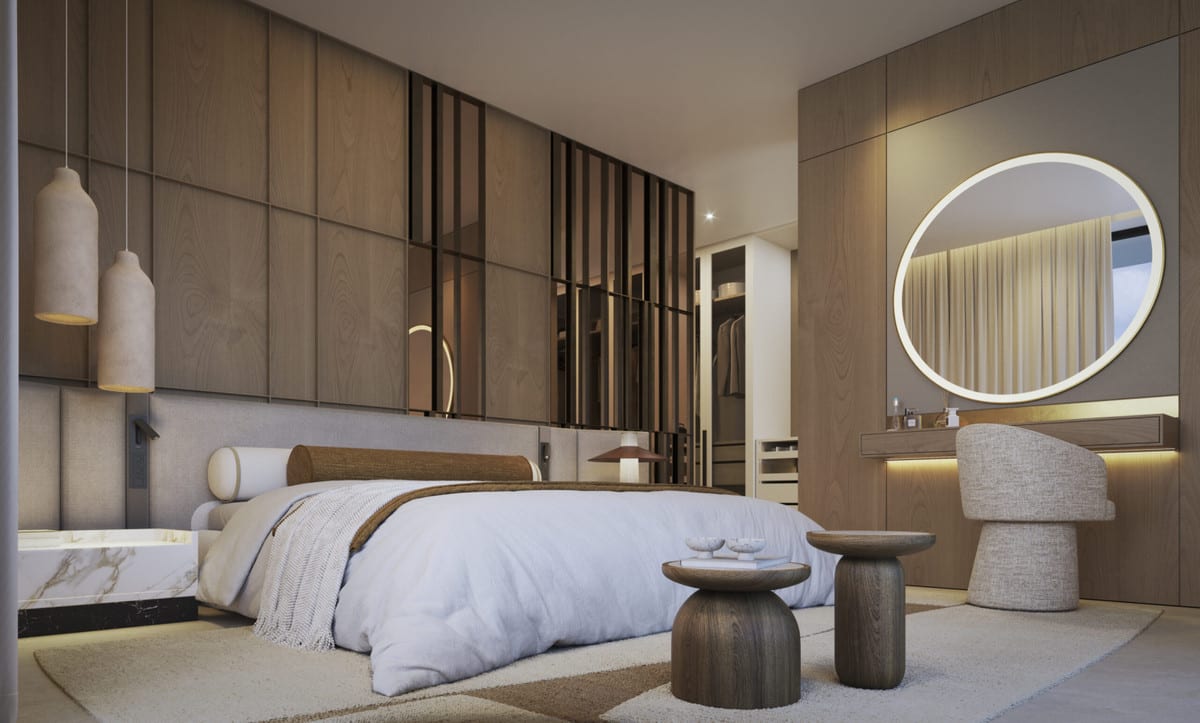 Bedroom rendering of BLUME with warm wood tones, a dressing area behind vertical screening and an illuminated round mirror.