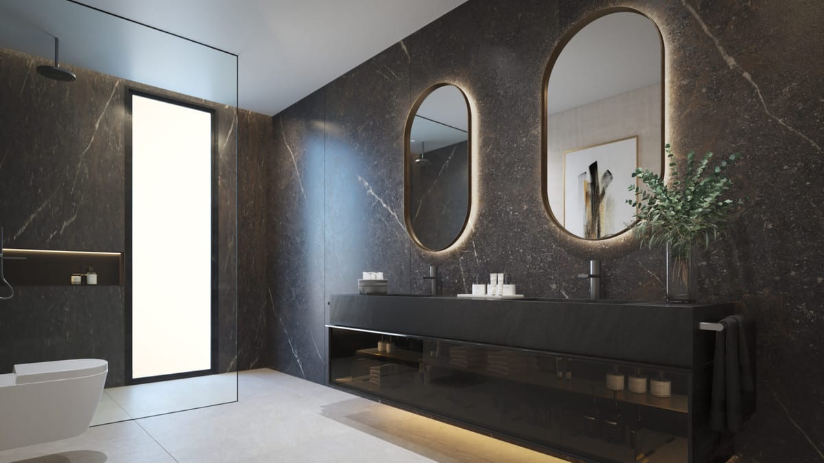 Bathroom rendering of BLUME with dark marble-effect walls, two oval mirrors and a black vanity unit.
