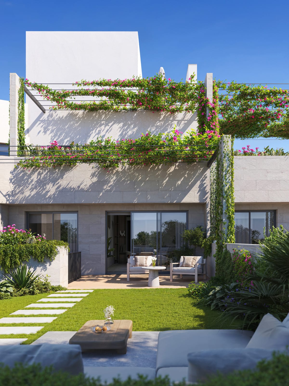 Project visualisation of ERA Residence with a terrace beside a light natural-stone façade, sliding doors, a lawn, stepping stones and pergolas with pink flowering climbing plants.