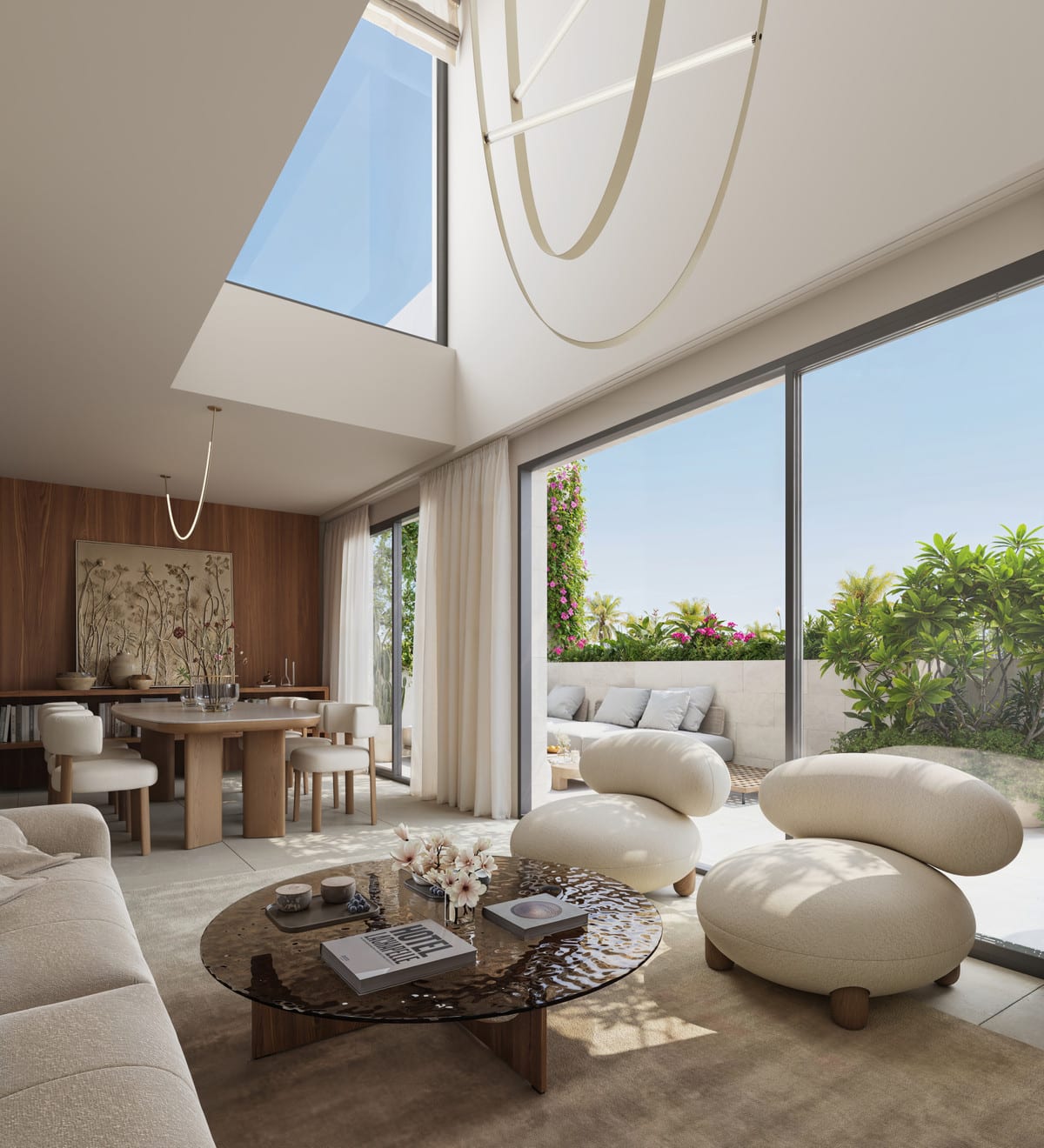 Project visualisation of ERA Residence with a bright living and dining area, wooden wall cladding, a round coffee table, large sliding doors and a terrace with plants.