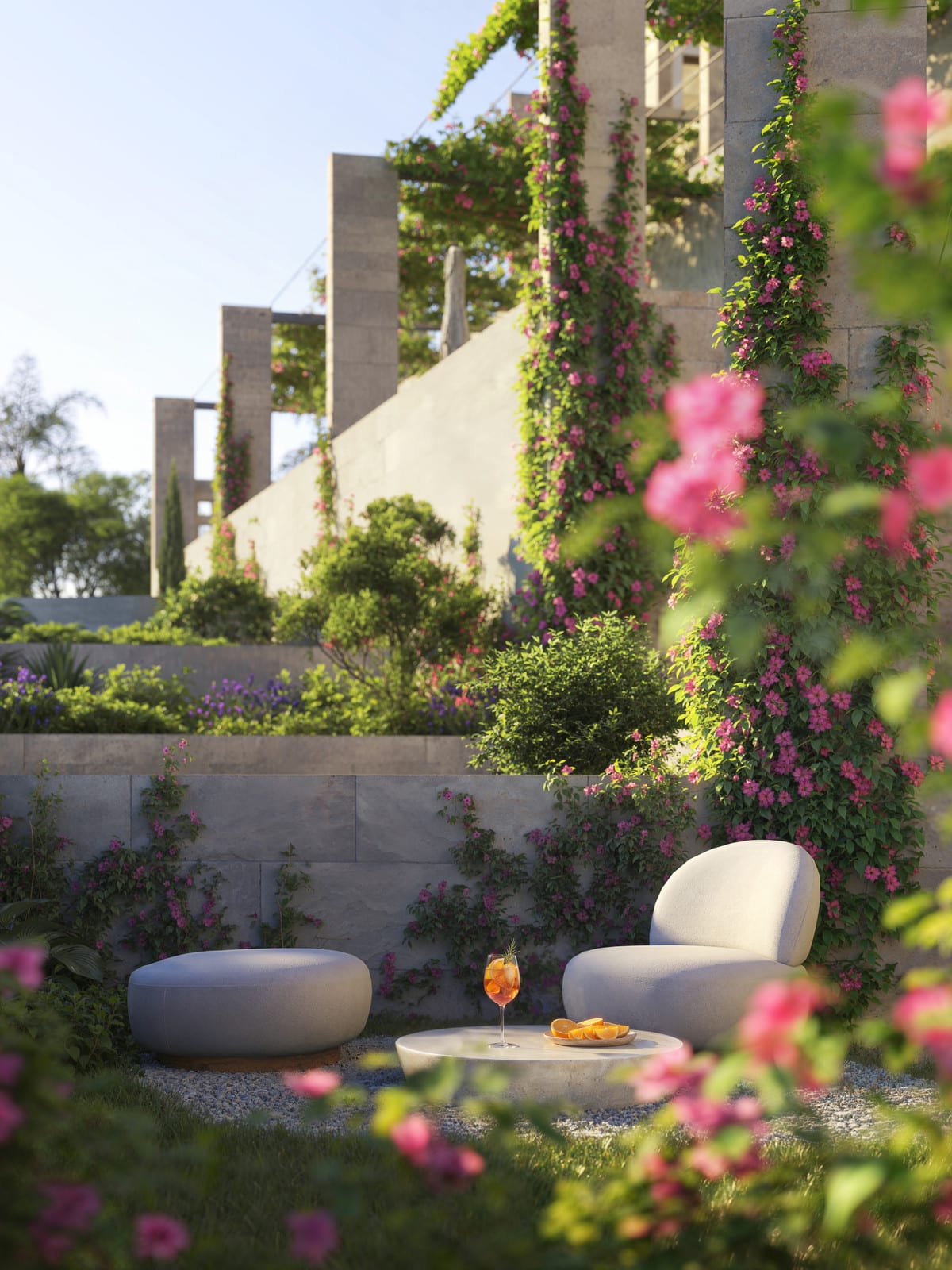 Project visualisation of ERA Residence with a sheltered garden setting, light stone walls, flowering climbing plants, ornamental grasses, a low round table, one armchair and a round pouffe.
