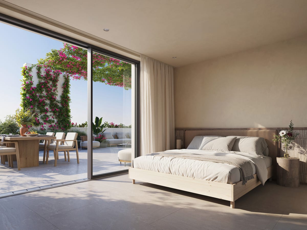 Project visualisation of ERA Residence with a bedroom, light wooden bed frame, bedside tables, large glass sliding door and a terrace with a wooden dining table, chairs and flowering climbing plants.