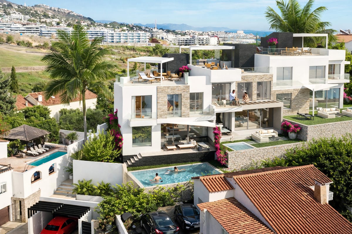 Aerial visualisation of BOUGAIVILLEA ROSA showing the buildings, terraces and surrounding residential setting.