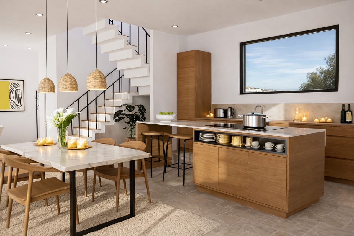 Kitchen visualisation of BOUGAIVILLEA ROSA with fitted cabinetry, worktop area and natural light.
