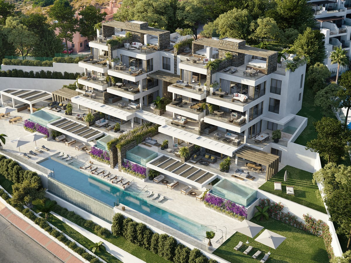Rendered aerial view of BOUTIQUE PROJECT with white façades, natural stone accents, glass balustrades, terraces and swimming pools.