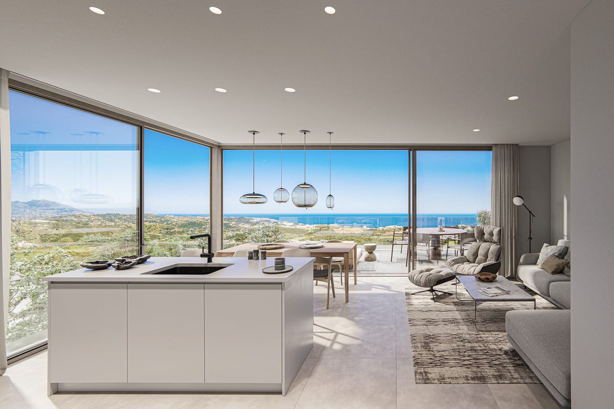 Rendered open-plan living space at BOUTIQUE PROJECT with kitchen island, dining table, seating area and floor-to-ceiling glazing.