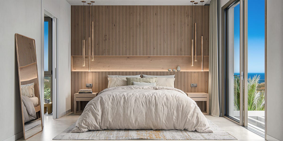 Rendered bedroom at BOUTIQUE PROJECT with timber slatted feature wall, double bed, pendant lights and sliding glass door.
