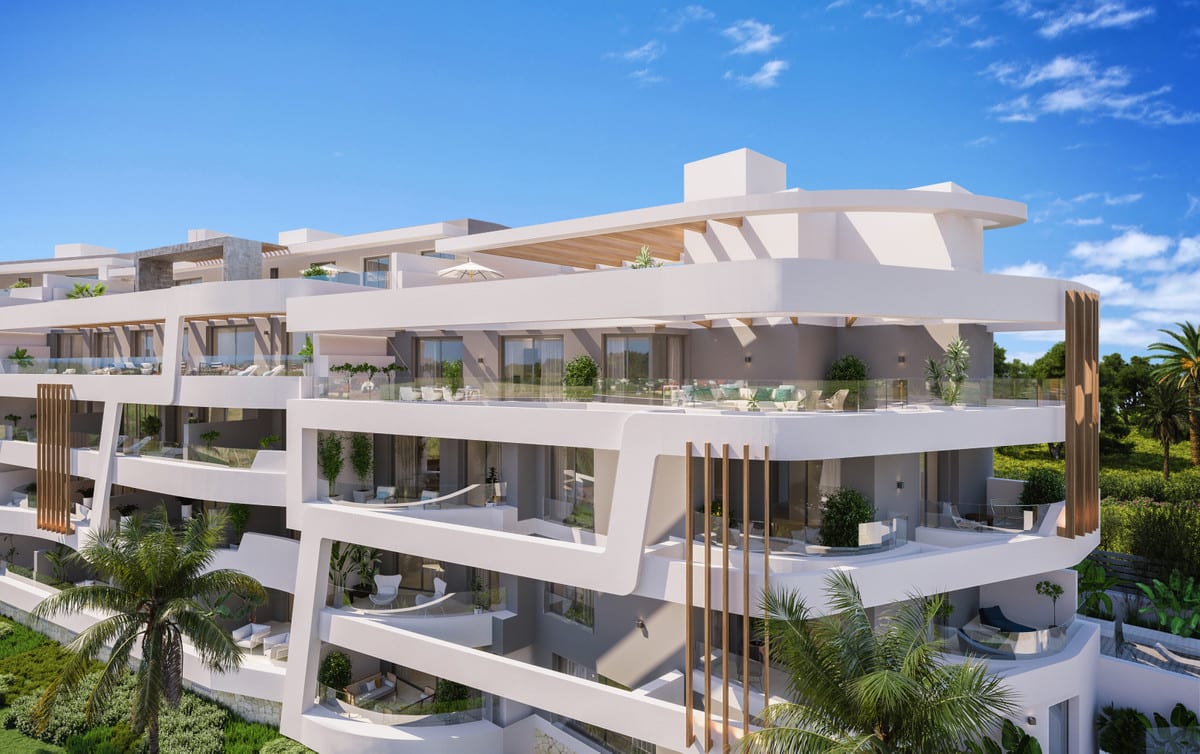 Rendered project visualisation of BREEZE with curved white façade volumes, glass balustrades, wooden slats and terraces with outdoor seating in daylight.