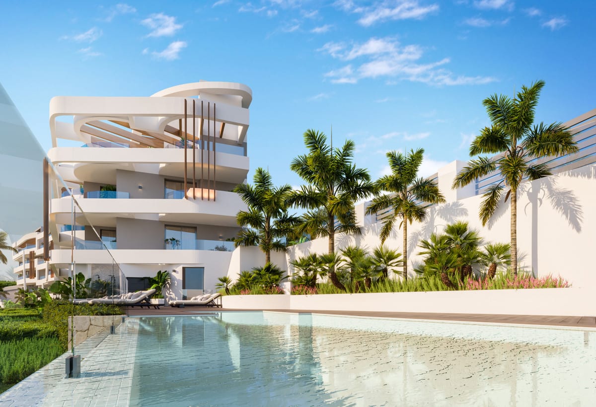 Rendered project visualisation of BREEZE with a long swimming pool, sun loungers, glass screening, palm trees and white façades with a curved tower volume.
