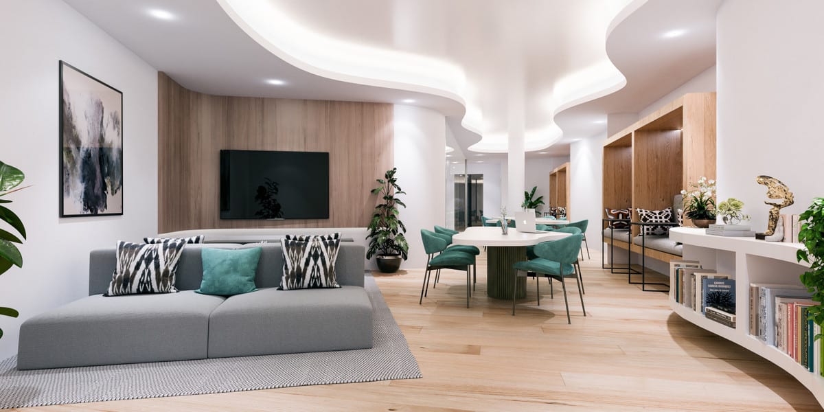 Rendered interior visualisation of BREEZE with a grey sofa, oval dining table with green chairs, wooden wall panelling with TV and wavy ceiling lighting.